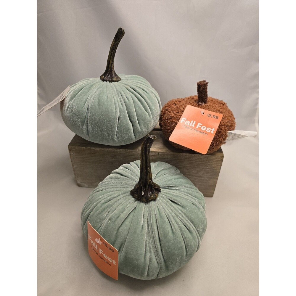 Lot of 3 New Fabric Pumpkins Green Velvet Orange Fall Autumn Decor Halloween
